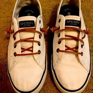 Women’s Sherry white slip on canvas with tan leather laces. Like new